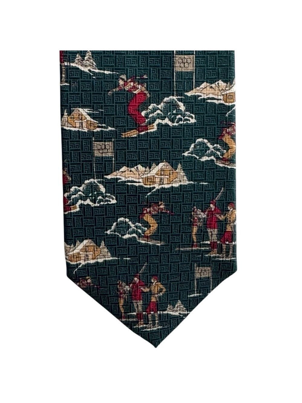 Bill Blass Silk Ski Themed Tie Green Novelty Necktie Italian Vintage Apres EUC
